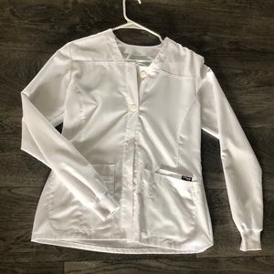 Grey’s Anatomy white button down small scrub jacket- like new. 4 pocket, small.